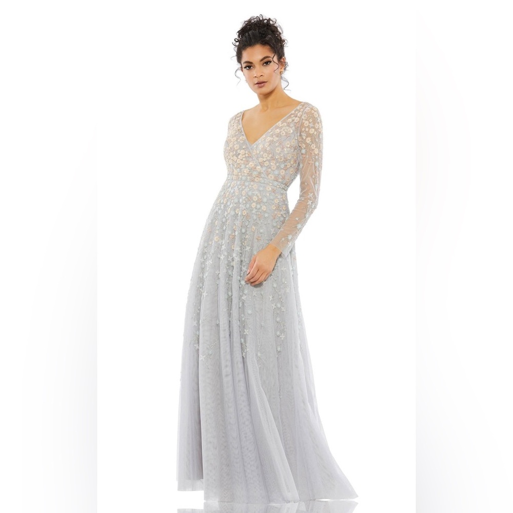 Mac Duggal size 16 Embellished Wrap Over Illusion Long Sleeve A Line Gown Gray